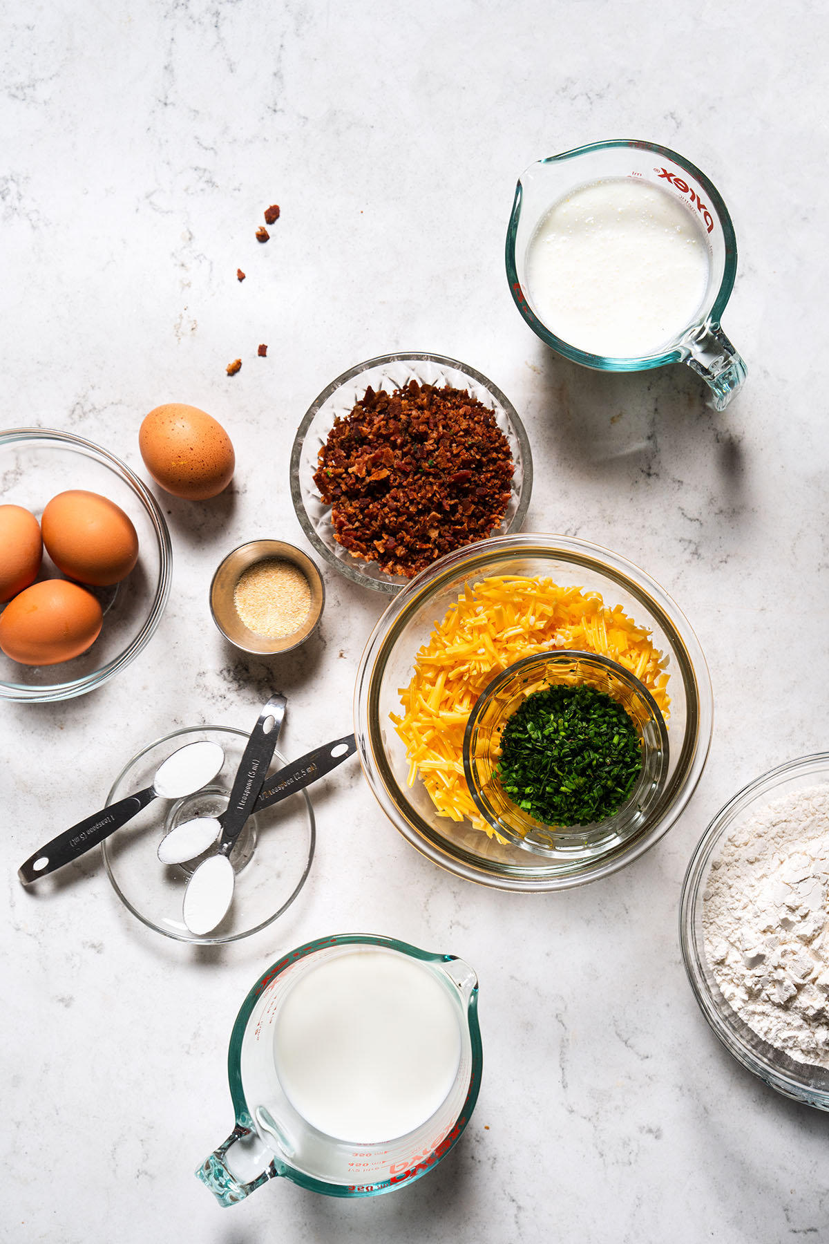 Bacon Cheddar Savory Waffle Ingredients on marble board 