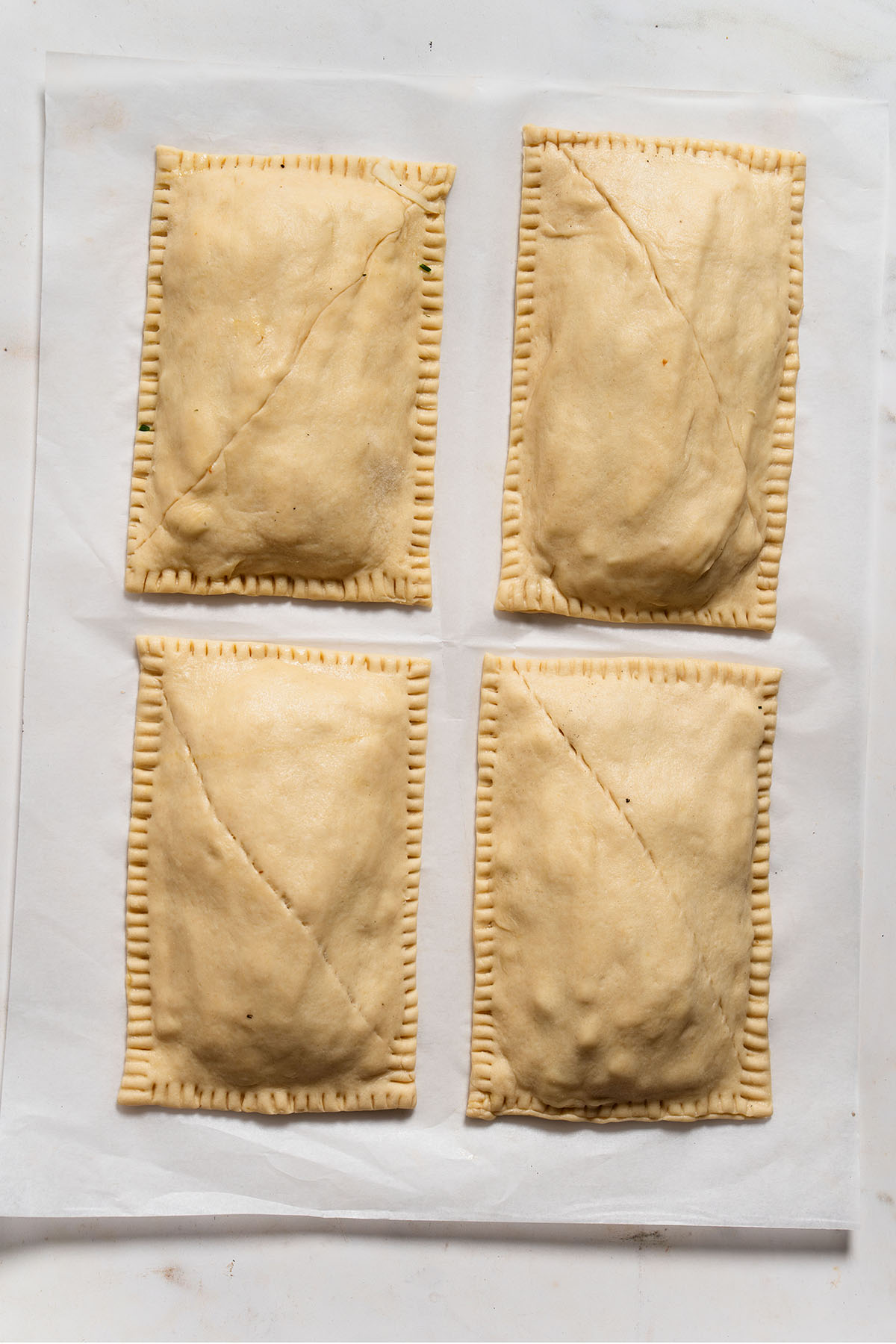 Air Fryer Pizza Pockets fully assembled ready to cook.