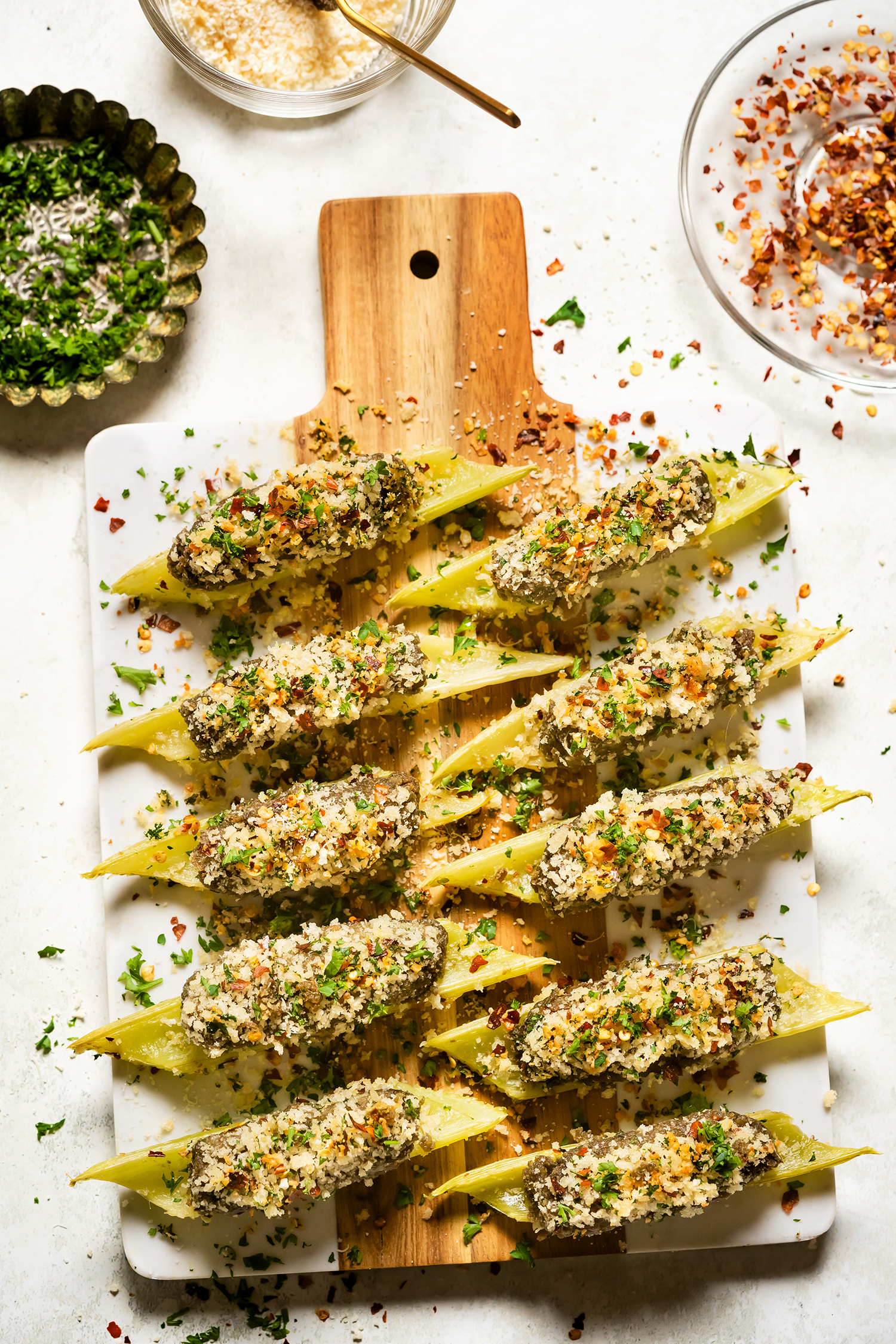 Stuffed Celery Boats with cheese and sausage filling